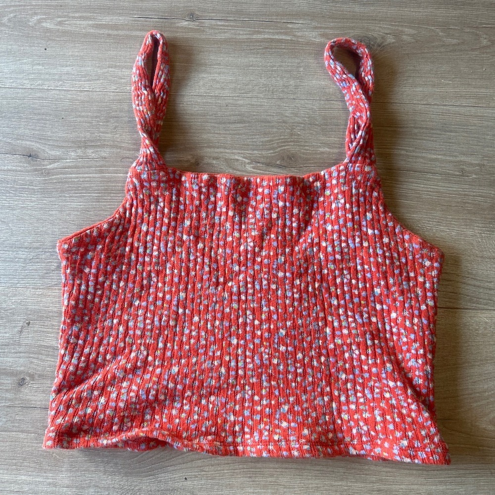 American Eagle Womens Orange Floral Ditsy Print Ribbed Cropped Tank Top Medium